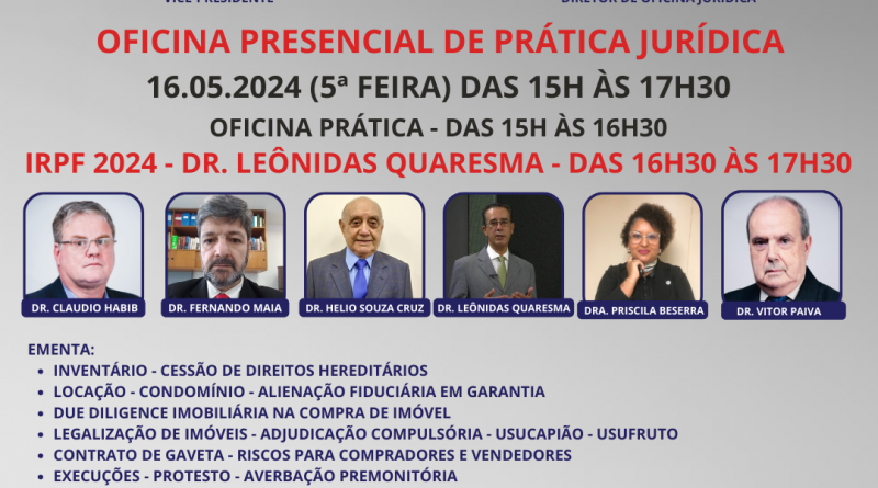 OFICINA PRESENCIAL DE PRÁTICA JURÍDICA – 16/05 DAS 15H ÀS 17H30